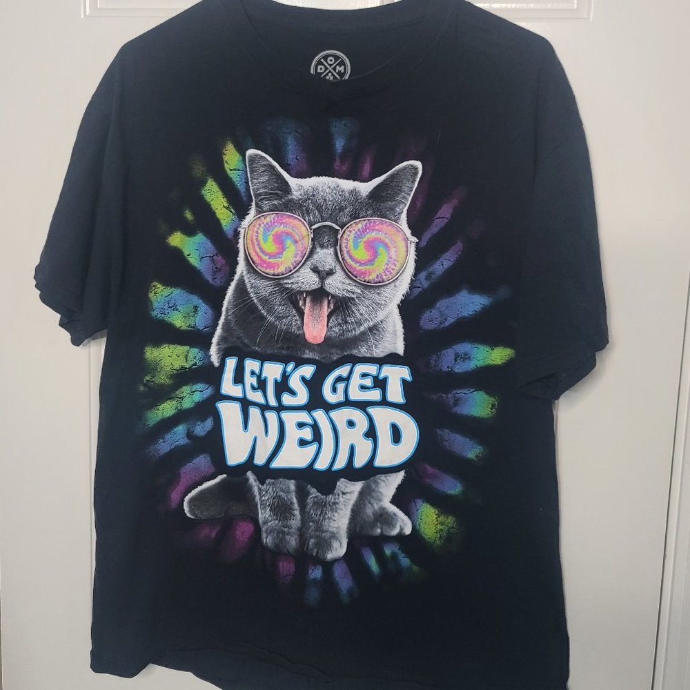 DOM Lets Get Weird Cat T-Shirt Small Black Graphic Psychadelic - Size Large